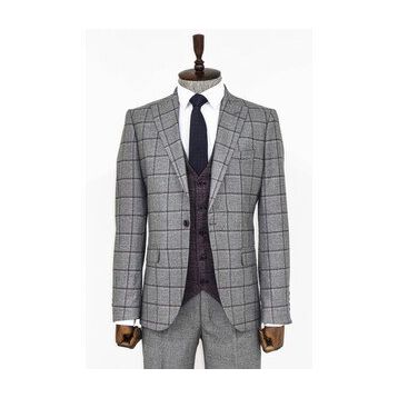 Wessi Ekose Ceketli Gri Slim Fit Takım Elbise