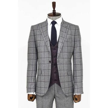 Wessi Ekose Ceketli Gri Slim Fit Takım Elbise