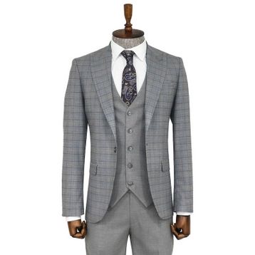 Wessi Ekose Ceketli Gri Slim Fit Takım Elbise