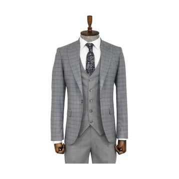 Wessi Ekose Ceketli Gri Slim Fit Takım Elbise