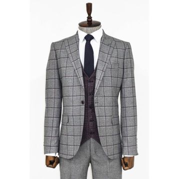 Wessi Ekose Ceketli Gri Slim Fit Takım Elbise