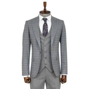 Wessi Ekose Ceketli Gri Slim Fit Takım Elbise