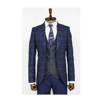 Wessi Ekose Ceketli Lacivert Slim Fit Takım Elbise