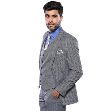 Wessi Ekose Desen Slim Fit Yelekli Takım Elbise
