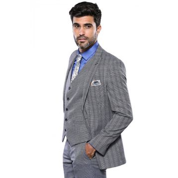 Wessi Ekose Desen Slim Fit Yelekli Takım Elbise
