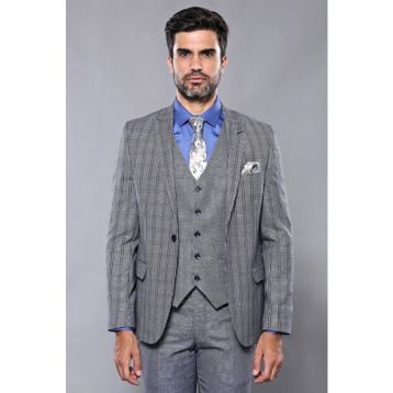 Wessi Ekose Desen Slim Fit Yelekli Takım Elbise