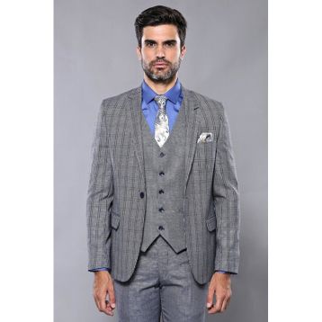 Wessi Ekose Desen Slim Fit Yelekli Takım Elbise
