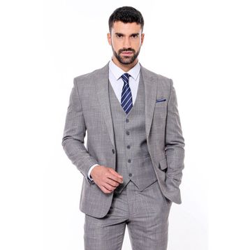 Wessi Ekose Gri Yelekli Slim Fit Takım Elbise