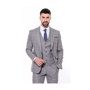 Wessi Ekose Gri Yelekli Slim Fit Takım Elbise
