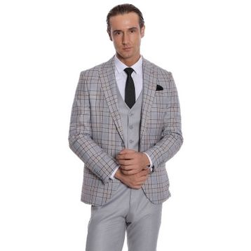 Wessi Ekose Slim Fit Açık Gri Erkek Ceketli Takım Elbise
