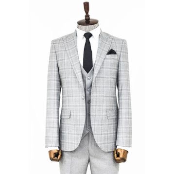 Wessi Ekose Slim Fit Açık Gri Erkek Ceketli Takım Elbise