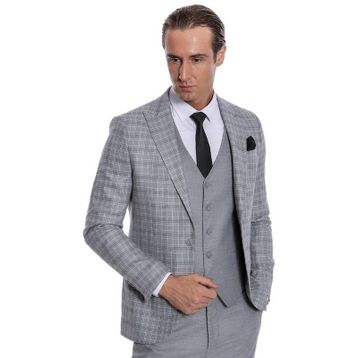 Wessi Ekose Slim Fit Açık Gri Erkek Ceketli Takım Elbise