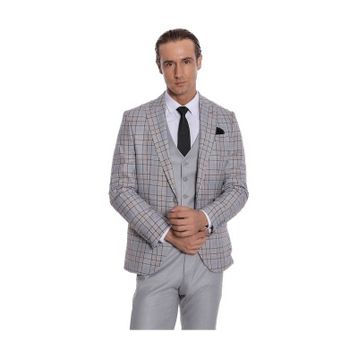 Wessi Ekose Slim Fit Açık Gri Erkek Ceketli Takım Elbise