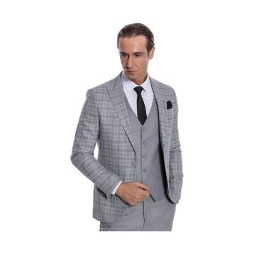 Wessi Ekose Slim Fit Açık Gri Erkek Ceketli Takım Elbise