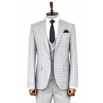 Wessi Ekose Slim Fit Açık Gri Erkek Ceketli Takım Elbise