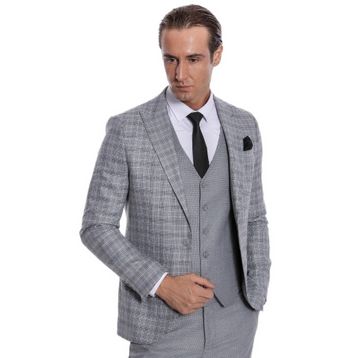 Wessi Ekose Slim Fit Açık Gri Erkek Ceketli Takım Elbise