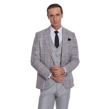 Wessi Ekose Slim Fit Açık Gri Erkek Ceketli Takım Elbise