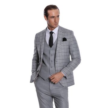Wessi Ekose Slim Fit Açık Gri Erkek Ceketli Takım Elbise