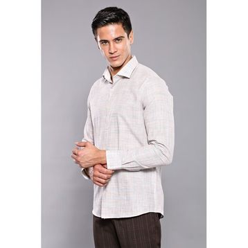 Wessi Erkek Bej Ekose Desenli Uzun Kollu Slim Fit Gömlek