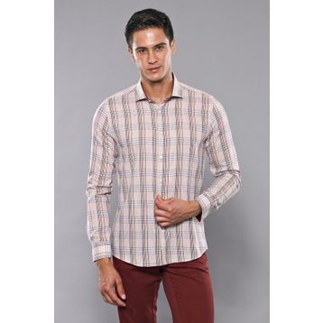 Wessi Erkek Bej Ekose Desenli Uzun Kollu Slim Fit Gömlek