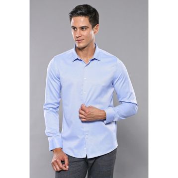 Wessi Erkek Buz Mavi Kendinden Desenli Uzun Kollu Slim Fit Gömlek