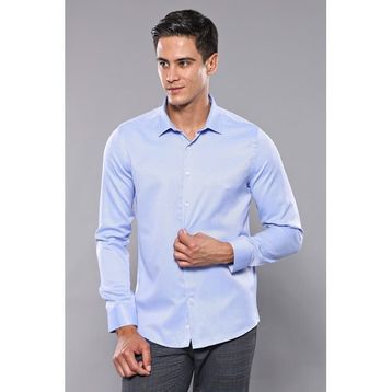Wessi Erkek Buz Mavi Kendinden Desenli Uzun Kollu Slim Fit Gömlek
