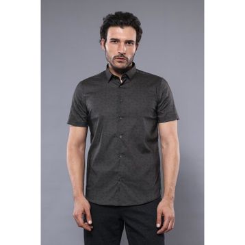 Wessi Erkek Haki Slim Fit Kısa Kollu Desenli Pamuk Gömlek