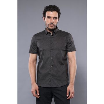 Wessi Erkek Haki Slim Fit Kısa Kollu Desenli Pamuk Gömlek