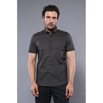 Wessi Erkek Haki Slim Fit Kısa Kollu Desenli Pamuk Gömlek