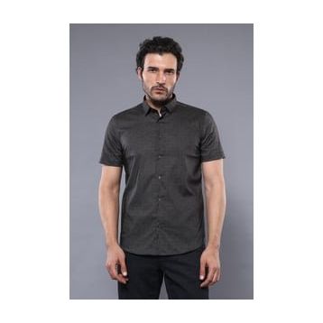 Wessi Erkek Haki Slim Fit Kısa Kollu Desenli Pamuk Gömlek