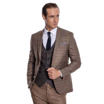 Wessi Kahverengi Ekose Ceketli Slim Fit Lacivert Erkek Takım Elbise