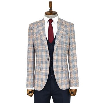 Wessi Kahverengi Ekose Ceketli Slim Fit Lacivert Erkek Takım Elbise