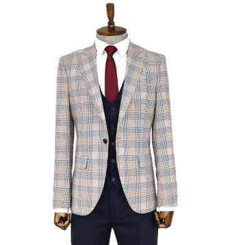 Wessi Kahverengi Ekose Ceketli Slim Fit Lacivert Erkek Takım Elbise