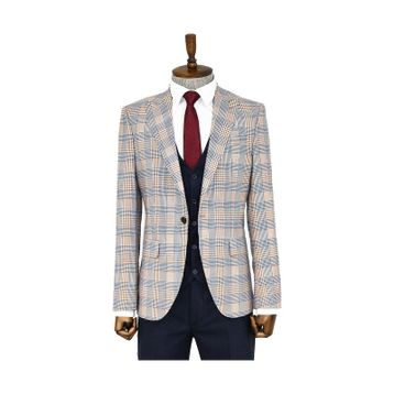 Wessi Kahverengi Ekose Ceketli Slim Fit Lacivert Erkek Takım Elbise