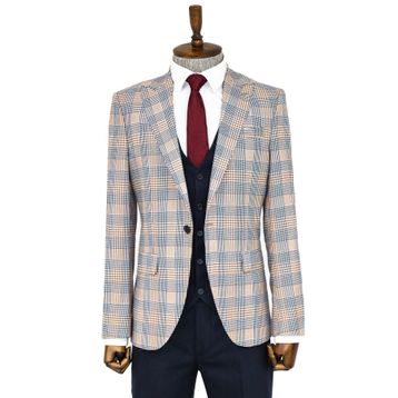 Wessi Kahverengi Ekose Ceketli Slim Fit Lacivert Erkek Takım Elbise