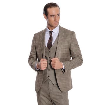 Wessi Kahverengi Ekose Ceketli Slim Fit Lacivert Erkek Takım Elbise