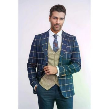 Wessi Lacivert Ekoseli Desenli Yelekli Takım Elbise