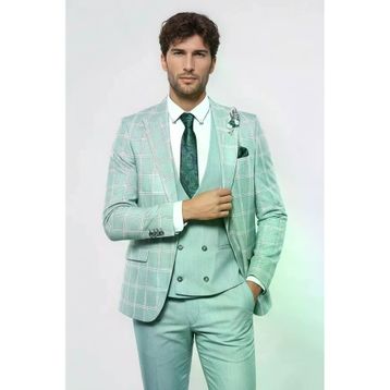 Wessi TK-621160-161-90 Ekose Ceket Su Yeşili Yelekli Erkek Takım Elbise