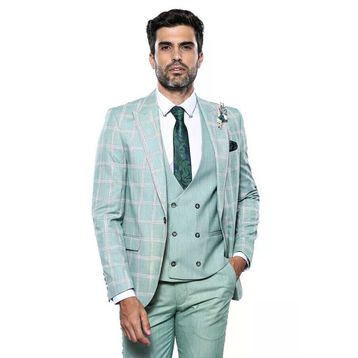 Wessi TK-621160-161-90 Ekose Ceket Su Yeşili Yelekli Erkek Takım Elbise