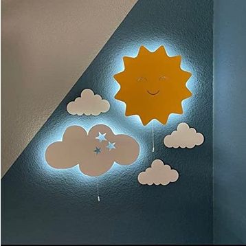 Windly Concept Beyaz Güneş Bulut Bebek ve Çocuk Odası Gece Lambası Seti