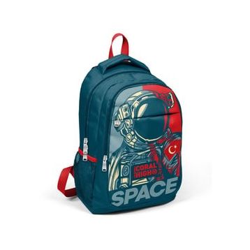 Yaygan Çanta Coral High 14389 Kırmızı Kids Çivit Astronot Desenli Üç Bölmeli Okul Sırt Çantası