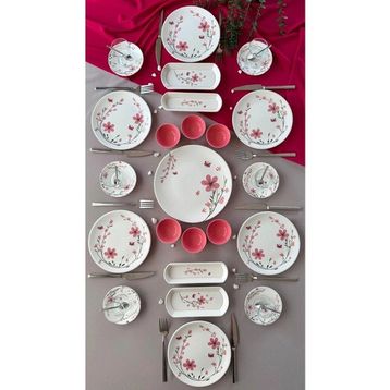 Yiğit Seramik Bahar Model 23 Parça 6 Kişilik Röfyeli Kahvaltı Brunch Takımı - Pembe