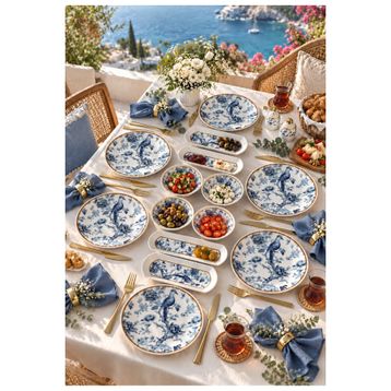 Yiğit Seramik Blue Kitchen Model 14 Parça 6 Kişilik Kaseli Modern Kahvaltı Brunch Takımı