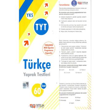YKS TYT Türkçe 60 Yaprak Test Nitelik Yayınları