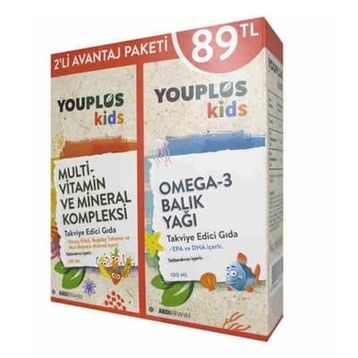 YouPlus Kids Omega 3 100 ml Balık Yağı + Kids VM Multivitamin Mineral Kompleksi 100 ml Sıvı