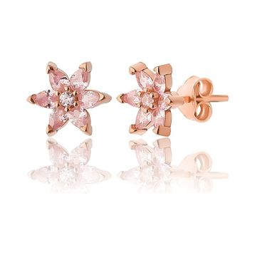 Zanaatsilver 925 Ayar Gümüş Rose Kaplama Pembe Taşlı Nilüfer Çiçeği Küpe