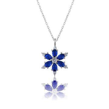 Zanaatsilver 925 Ayar Gümüş Zincirli Mavi Taşlı Rodyum Kaplama Lotus Kamelya Çiçeği Kolye
