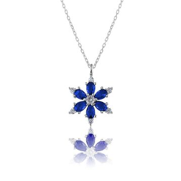 Zanaatsilver 925 Ayar Gümüş Zincirli Mavi Taşlı Rodyum Kaplama Lotus Kamelya Çiçeği Kolye