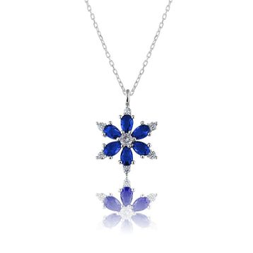 Zanaatsilver 925 Ayar Gümüş Zincirli Mavi Taşlı Rodyum Kaplama Lotus Kamelya Çiçeği Kolye