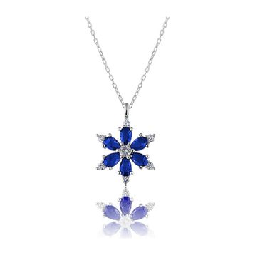 Zanaatsilver 925 Ayar Gümüş Zincirli Mavi Taşlı Rodyum Kaplama Lotus Kamelya Çiçeği Kolye